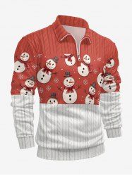 Plus Size Christmas Snowman Snowflake Cable Knit 3D Print Zipper Long Sleeve Polo Shirt For Men -  