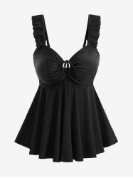 Maillot de bain tankini grande taille, uni, froncé et à bretelles à volants. - Noir 2XL