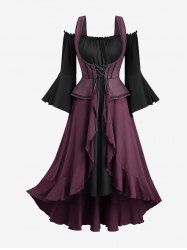 Plus Size Lace Up Ruffles Ruched Lettuce Hem Split Flare Sleeve Cold Shoulder 2 In 1 Dress -  