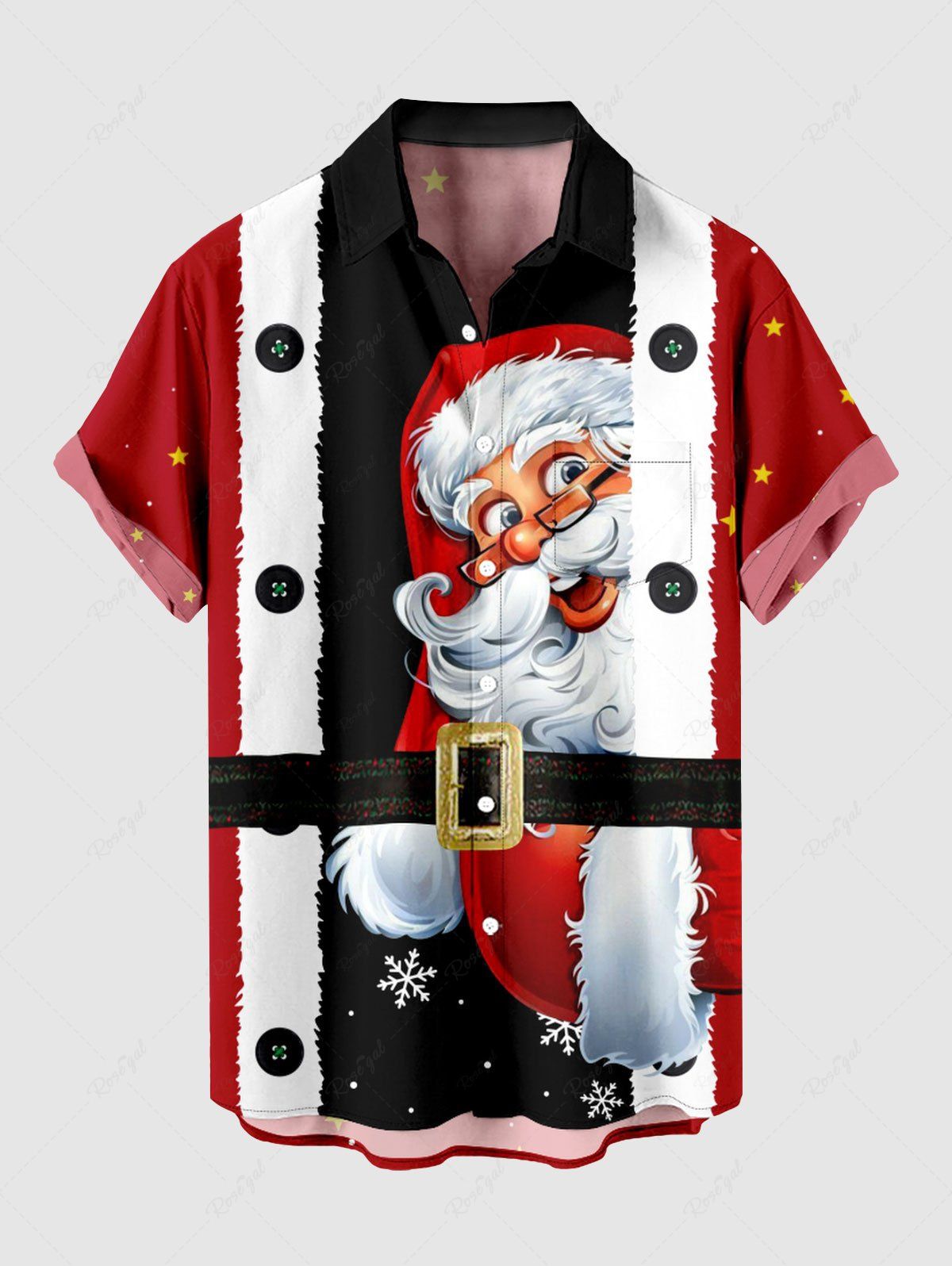 Store Plus Size Christmas Costume Santa Claus Stars Print Button Pocket Shirt For Men  
