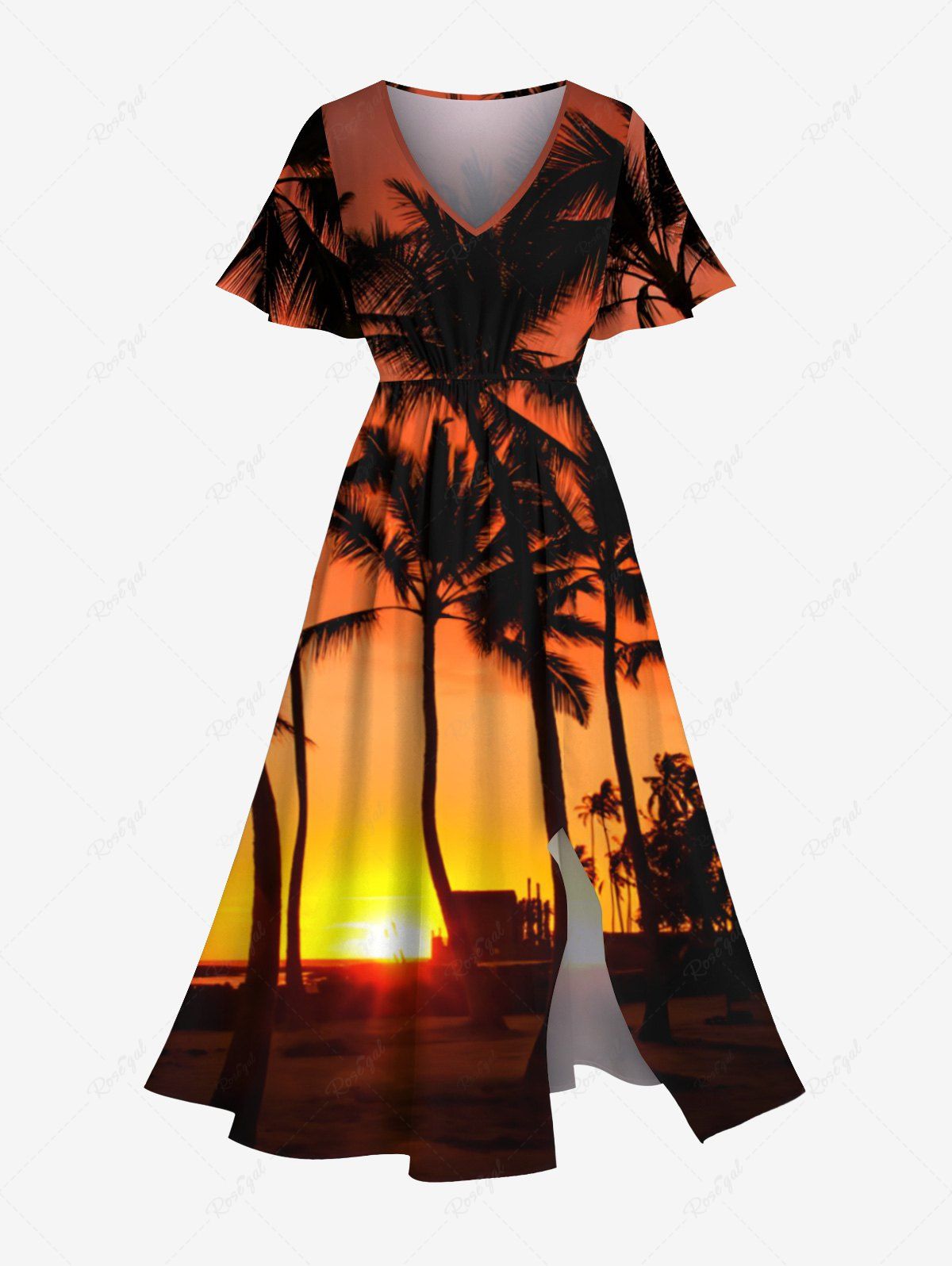 Unique Plus Size Coconut Tree Sun Ombre Print Split Hawaii Midi Dress  