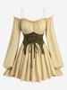 Ruffles Ruched Poet Sleeves Cold Shoulder Top With Corset and Wide Leg Pants Plus Size Outfit -  