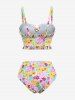 Plus Size Colorful Flowers Print Ruched Ruffles Tie Tankini Swimsuit -  