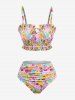 Plus Size Colorful Flowers Print Ruched Ruffles Tie Tankini Swimsuit -  