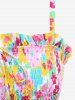 Plus Size Colorful Flowers Print Ruched Ruffles Tie Tankini Swimsuit -  