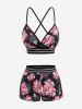Plus Size Tropical Leaf Flower Print Crisscross Strappy Boyleg Tankini Swimsuit -  