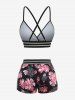 Plus Size Tropical Leaf Flower Print Crisscross Strappy Boyleg Tankini Swimsuit -  