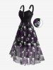 Plus Size Gothic Rose Flower Skulls Print Ruched Ruffles Chain Panel Lace Trim Tank Dress -  