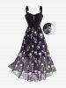 Plus Size Gothic Rose Flower Skulls Print Ruched Ruffles Chain Panel Lace Trim Tank Dress -  