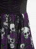 Plus Size Gothic Rose Flower Skulls Print Ruched Ruffles Chain Panel Lace Trim Tank Dress -  