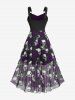 Plus Size Gothic Rose Flower Skulls Print Ruched Ruffles Chain Panel Lace Trim Tank Dress -  