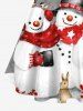 Plus Size Christmas Snowflake Snowman Rabbit Flower Print Button A Line Dress with Removable Belt -  