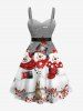 Plus Size Christmas Snowflake Snowman Rabbit Flower Print Button A Line Dress with Removable Belt - Gris L
