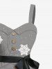 Plus Size Christmas Snowflake Snowman Rabbit Flower Print Button A Line Dress with Removable Belt - Gris L