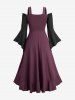 Plus Size Lace Up Ruffles Ruched Lettuce Hem Split Flare Sleeve Cold Shoulder 2 In 1 Dress -  