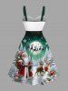 Robe grande taille imprimée sapin de Noël, Père Noël, renne et flocons de neige, boutons, col rabattu et ceinture - Vert 4X