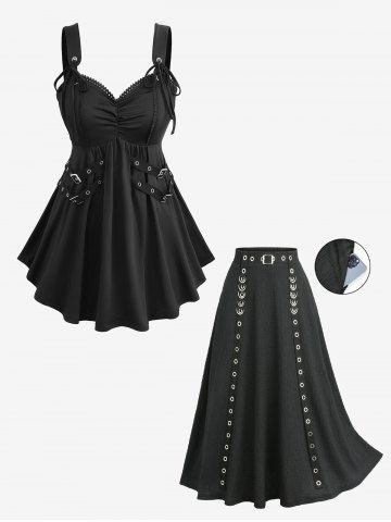 Ensemble grande taille composé d&#39;un haut uni froncé à bretelles, boucle et œillets, et d&#39;une jupe trapèze texturée. - BLACK