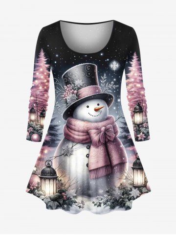 T-shirt à manches longues grande taille avec imprimé sapin de Noël, bonhomme de neige, flocons de neige et fleurs. - BLACK - XS