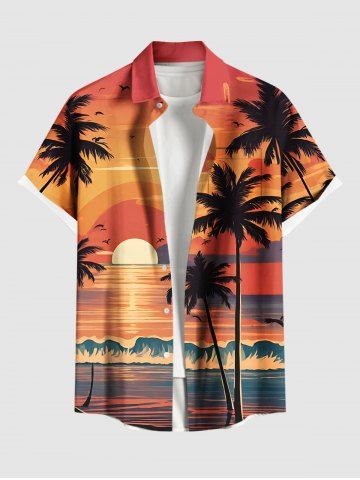 Plus Size Coconut Tree Sunset Sea Waves Print Buttons Pocket Hawaii Shirt For Men - ORANGE - 2XL