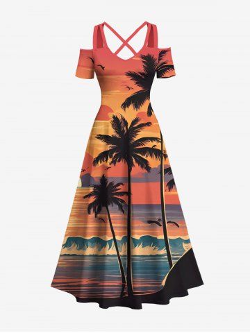 Robe longue hawaïenne grande taille à imprimé vagues et coucher de soleil avec cocotiers et branches dénudées - ORANGE - 3X