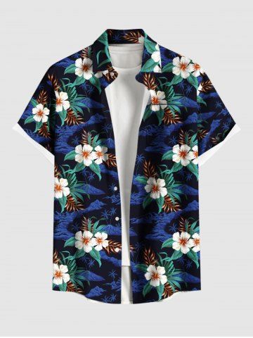 Plus Size Hibiscus Flowers Leaf Print Buttons Pocket Hawaii Shirt For Men - BLUE - 2XL