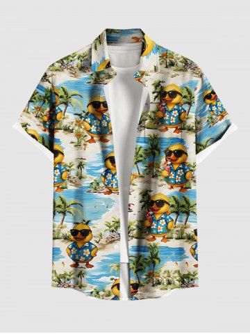 Plus Size Sunglasses Duck Coconut Tree Seascape Print Buttons Pocket Hawaii Shirt For Men - SKY BLUE - 4XL