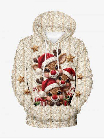 Plus Size Christmas Hat Elk Cable Knit 3D Print Pocket Drawstring Hoodie For Men - LIGHT COFFEE - 7XL
