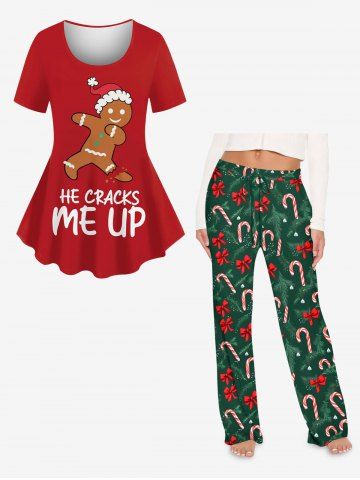Women's Christmas Hat Gingerbread Letters Print T-shirt and Wide Leg Pants Pajama Plus Size Matching Set - RED