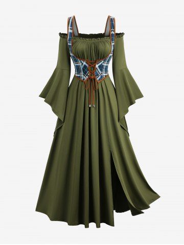 Plus Size Plaid Print Lace Up Split Ruched Bust 2 in 1 Corset A Line Dress - DEEP GREEN - 4X | US 26-28