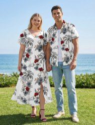 Ensemble de plage hawaïen assorti grandes tailles, imprimé perroquet et cocotiers, pour couples - Blanc 