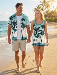 Ensemble hawaïen assorti chemise et barboteuse grande taille, tenue de plage à imprimé ombré cocotier pour couples - Vert 
