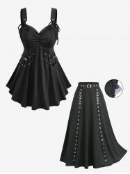 Straps Buckle Grommet Ruched Solid Top and Textured A Line Skirt Plus Size Outfit -  