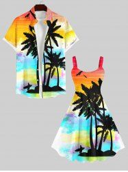Ensemble de plage hawaïen assorti grande taille, imprimé cocotier, mer et ciel ombré, pour couples - Multi-A 