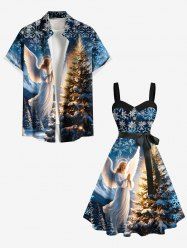 Ensemble assorti grande taille pour couples, imprimé sapin de Noël, flocons de neige et anges - Noir 