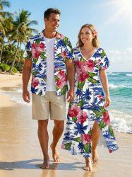 Ensemble de plage hawaïen assorti grande taille pour couples, imprimé cocotier, hibiscus et feuilles de mer - Bleu Ciel 