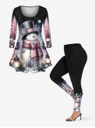 Christmas Tree Snowman Snowflake Flowers Glaxy Print Plus Size Matching Set -  