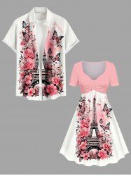 Ensemble de plage assorti grande taille à imprimé papillons et fleurs Tour Eiffel pour couples, style hawaïen - Blanc 