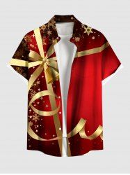 Plus Size Christmas Ribbon Bowknot Bell Star Snowflake Print Buttons Pocket Shirt For Men -  