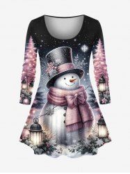 T-shirt à manches longues grande taille avec imprimé sapin de Noël, bonhomme de neige, flocons de neige et fleurs. - Noir L