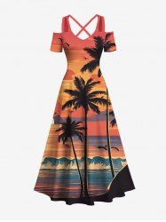 Robe longue hawaïenne grande taille à imprimé vagues et coucher de soleil avec cocotiers et branches dénudées - Orange 2X