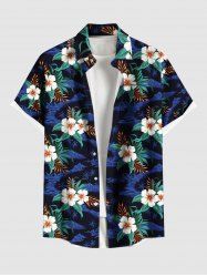 Chemise hawaïenne grande taille pour homme, à imprimé feuilles d'hibiscus, boutons et poche. - Bleu 6XL
