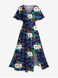 Robe mi-longue hawaïenne fendue à imprimé feuilles et fleurs d'hibiscus grande taille - Bleu Marine M