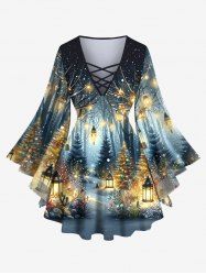 T-shirt à manches évasées croisées, imprimé sapin de Noël et flocons de neige, grandes tailles - Bleu profond 4X