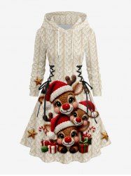 Plus Size Christmas Hat Elk Cable Knit 3D Print Lace Up Drawstring Hoodie Dress -  