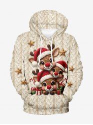 Plus Size Christmas Hat Elk Cable Knit 3D Print Pocket Drawstring Hoodie For Men -  