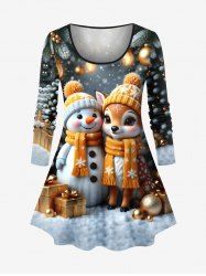 T-shirt à manches longues pour femme, grande taille, motif boule de Noël, bonhomme de neige et élan - Noir 4X