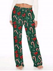 Plus Size Women's Christmas Candy Bowknot Print Drawstring Wide Leg Pants -  