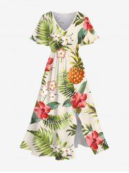 Robe midi trapèze grande taille à imprimé tropical feuilles d'hibiscus et ananas, style hawaïen, avec poches fendues - Abricot 6X