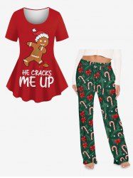 Women's Christmas Hat Gingerbread Letters Print T-shirt and Wide Leg Pants Pajama Plus Size Matching Set -  