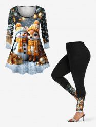 Christmas Tree Ball Gift Snowman Elk Print Long Sleeves Women T-shirt and Leggings Plus Size Matching Set -  